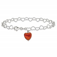Sterling Silver Link Red Synthetic Crystal Stone Heart Anklet view 3