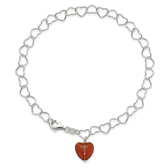 Sterling Silver Link Red Synthetic Crystal Stone Heart Anklet