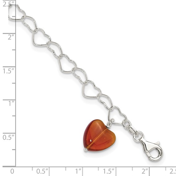 Sterling Silver Link Red Synthetic Crystal Stone Heart Anklet