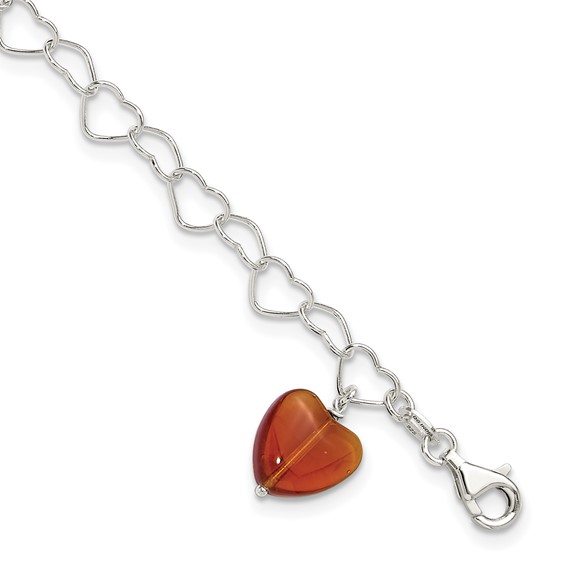 Sterling Silver Link Red Synthetic Crystal Stone Heart Anklet