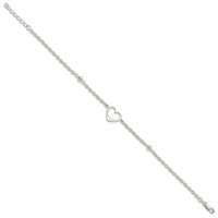 Sterling Silver Open Heart and Bead Plus 1 Inch Extender - Total 10 Inch Anklet, 9" view 2