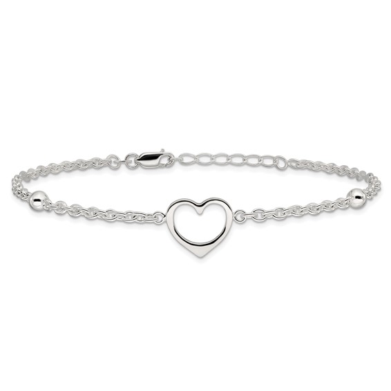 Sterling Silver Open Heart and Bead 9 inch Plus 1 inch Extender - Total 10 inch Anklet