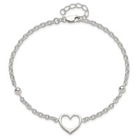 Sterling Silver Open Heart and Bead Plus 1 Inch Extender - Total 10 Inch Anklet, 9" view 5