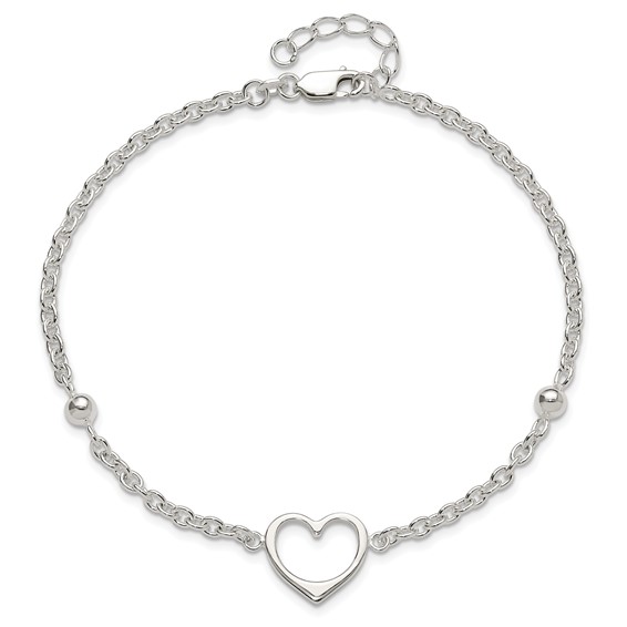 Sterling Silver Open Heart and Bead 9 inch Plus 1 inch Extender - Total 10 inch Anklet