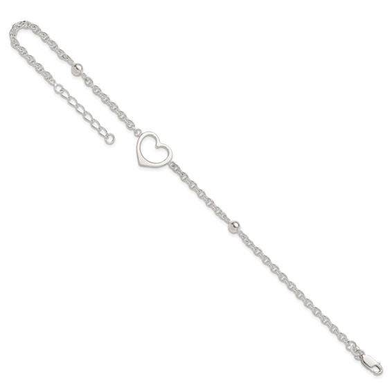 Sterling Silver Open Heart and Bead 9 inch Plus 1 inch Extender - Total 10 inch Anklet