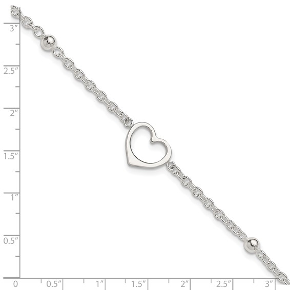 Sterling Silver Open Heart and Bead 9 inch Plus 1 inch Extender - Total 10 inch Anklet