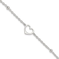 Sterling Silver Open Heart and Bead Plus 1 Inch Extender - Total 10 Inch Anklet, 9" view 1