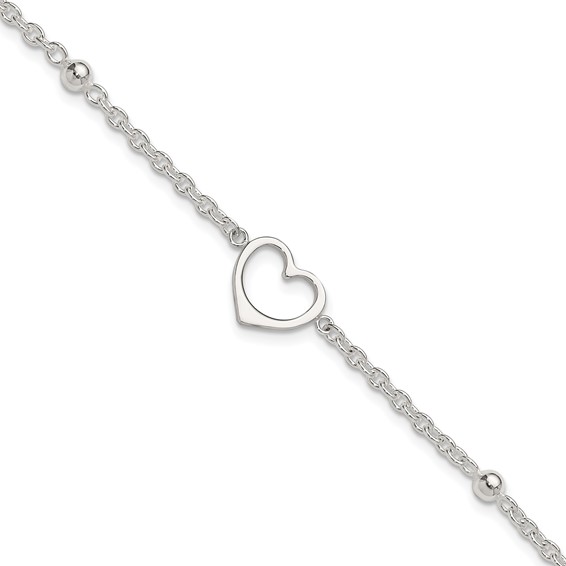 Sterling Silver Open Heart and Bead 9 inch Plus 1 inch Extender - Total 10 inch Anklet