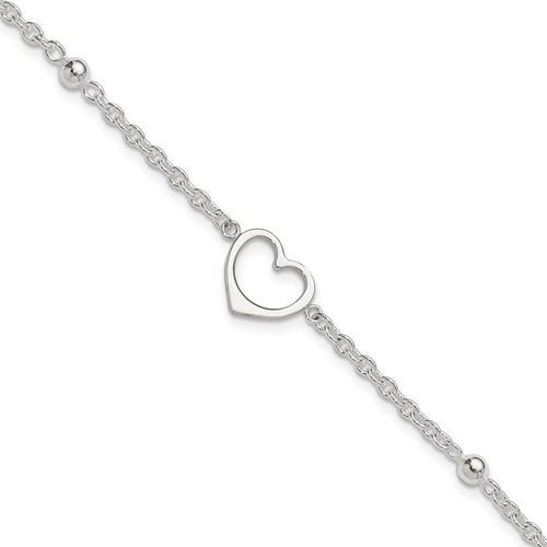 Sterling Silver Open Heart and Bead Plus 1 Inch Extender - Total 10 Inch Anklet, 9"