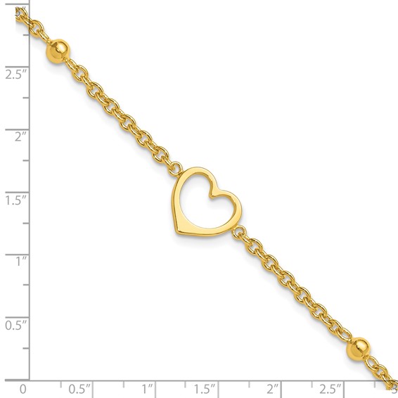 Sterling Silver Gold-tone Heart and Bead 9 inch Plus 1 inch Extender - Total 10 inch Anklet