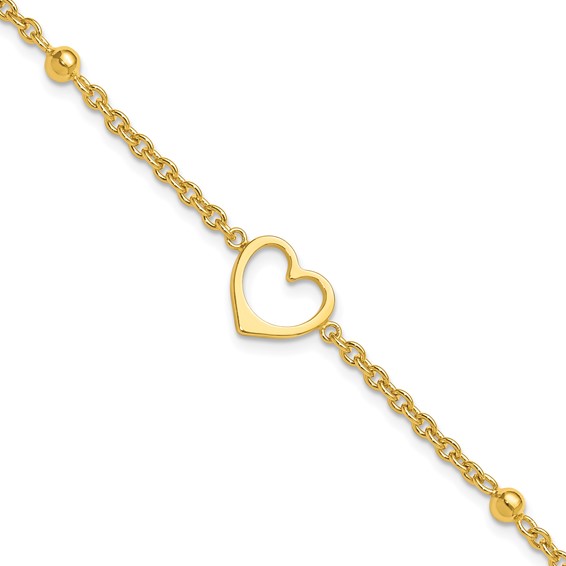 Sterling Silver Gold-tone Heart and Bead 9 inch Plus 1 inch Extender - Total 10 inch Anklet