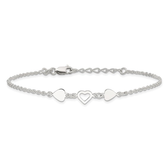 Sterling Silver Three Hearts 9 inch Plus 1 inch Extender - Total 10 inch Anklet
