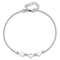Sterling Silver Three Hearts Plus 1 Inch Extender - Total 9 Inch Anklet, 8" view 5