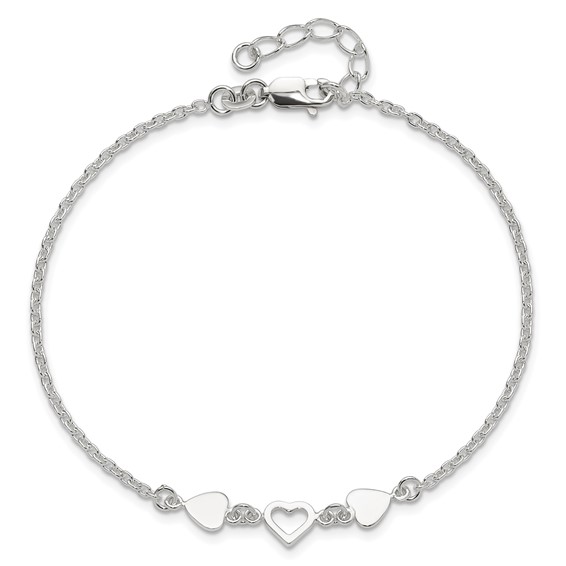 Sterling Silver Three Hearts 9 inch Plus 1 inch Extender - Total 10 inch Anklet