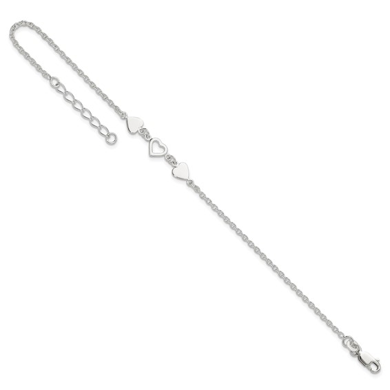 Sterling Silver Three Hearts 8 inch Plus 1 inch Extender - Total 9 inch Anklet