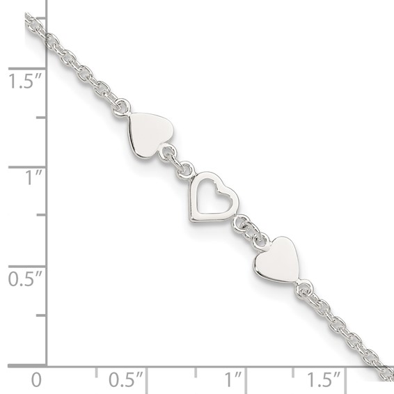 Sterling Silver Three Hearts 8 inch Plus 1 inch Extender - Total 9 inch Anklet
