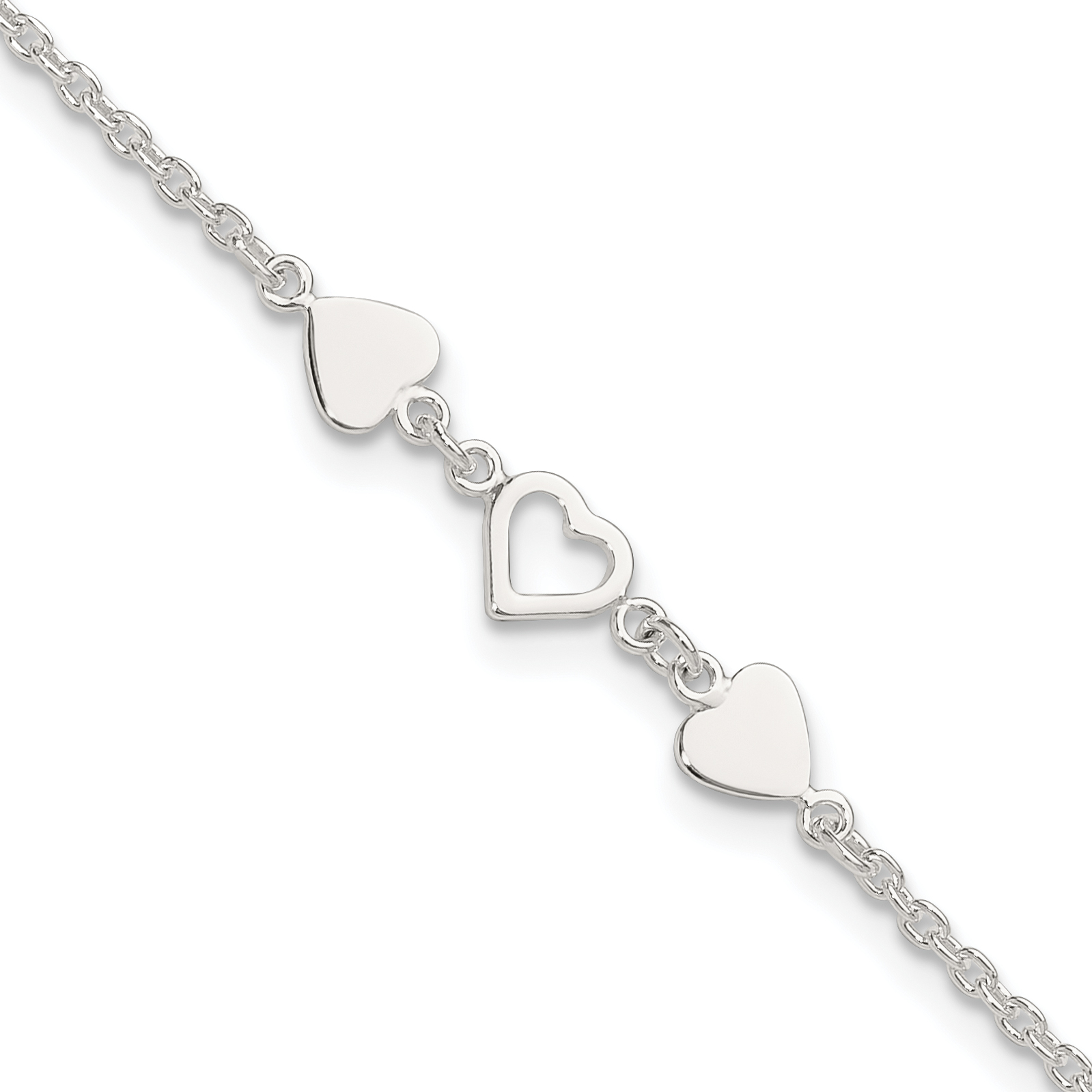 Sterling Silver 9 inch Plus 1in ext.Heart Link Anklet (QG1356-10)