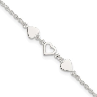 Sterling Silver Three Hearts 9 inch Plus 1 inch Extender - Total 10 inch Anklet