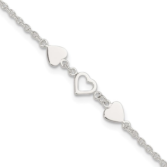 Sterling Silver Three Hearts 9 inch Plus 1 inch Extender - Total 10 inch Anklet