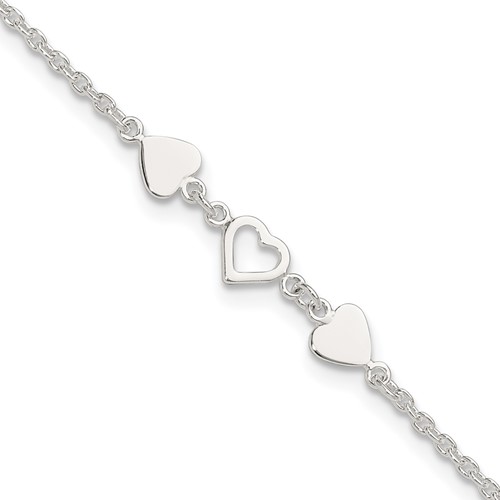 Sterling Silver Three Hearts Plus 1 Inch Extender - Total 9 Inch Anklet - 8in