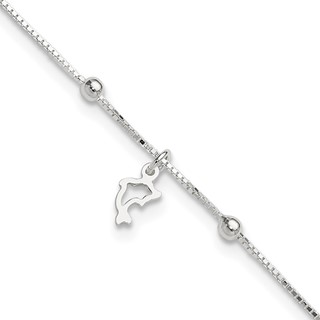 Sterling Silver Dolphin 9 inch Plus 1 inch Extender - Total 10 inch Anklet