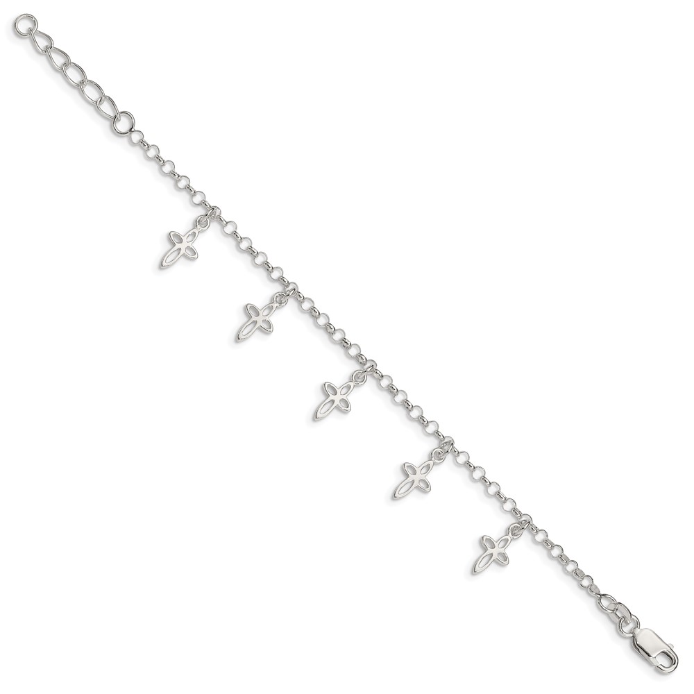 Sterling Silver Polished Cross Charms with 1in Ext. Children's Bracelet (QG1359-6)