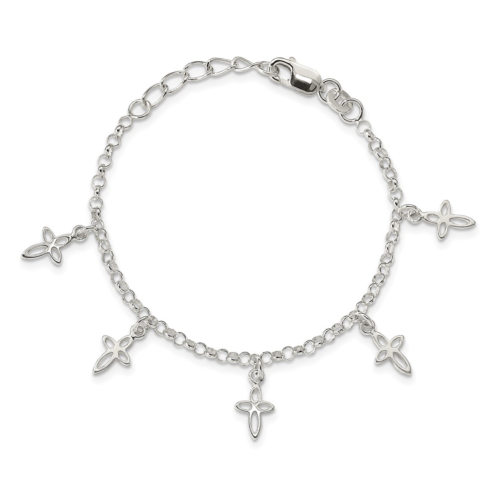 Sterling Silver Polished Cross Charms with 1in Ext. Children's Bracelet (QG1359-6)