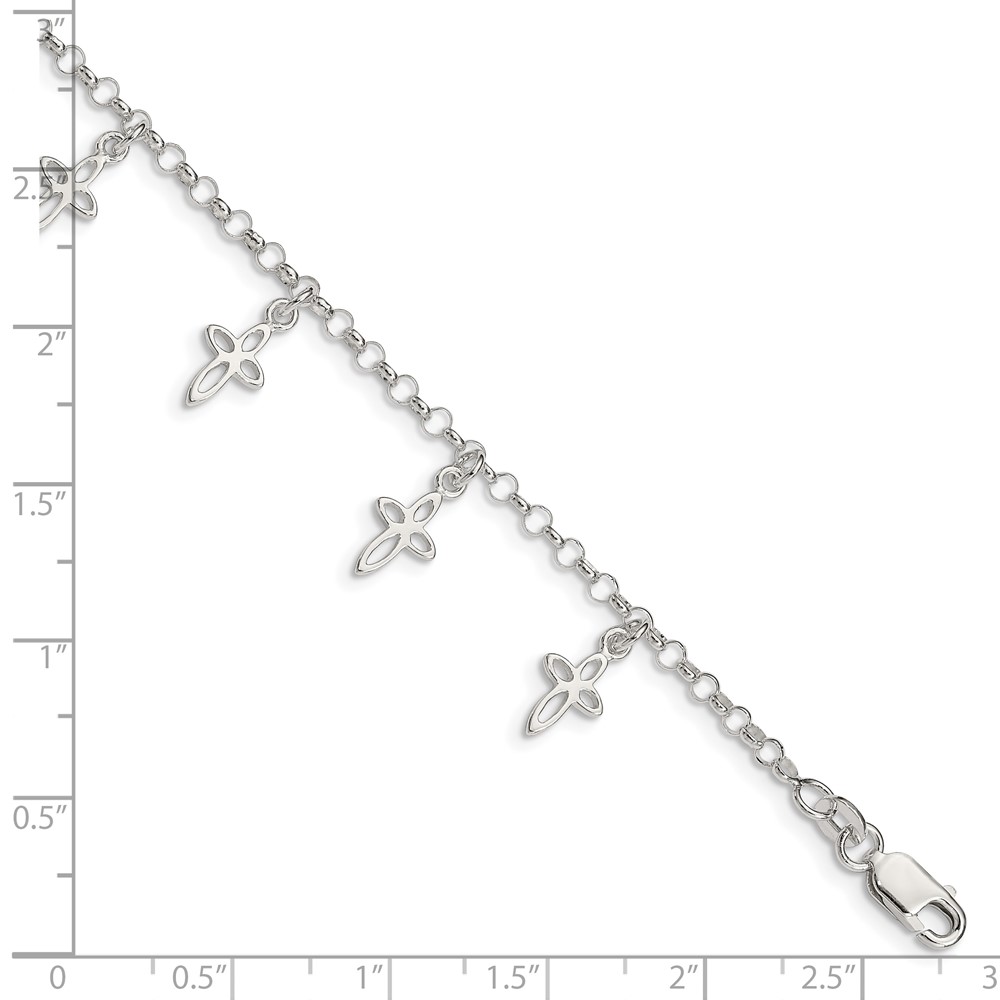 Sterling Silver Polished Cross Charms with 1in Ext. Children's Bracelet (QG1359-6)