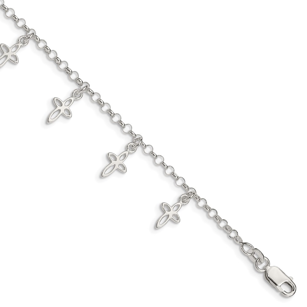 Sterling Silver Polished Cross Charms with 1in Ext. Children's Bracelet (QG1359-6)