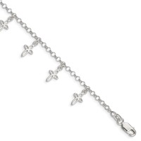 Sterling Silver Polished Cross Charms Bracelet with Ext. Children's, 1" view 1