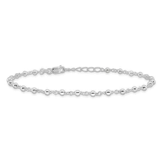 Sterling Silver Beaded 9 inch Plus 1 inch Extender - Total 10 inch Anklet