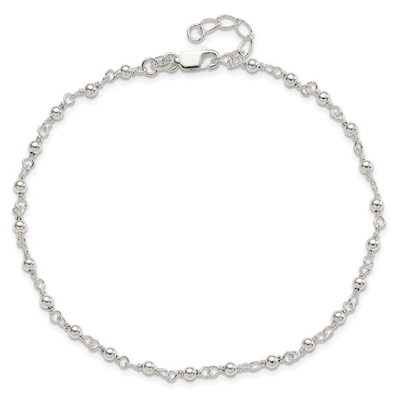 Sterling Silver Beaded 9 inch Plus 1 inch Extender - Total 10 inch Anklet