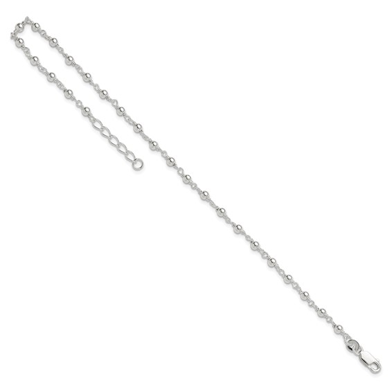 Sterling Silver Beaded 9 inch Plus 1 inch Extender - Total 10 inch Anklet