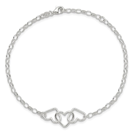 Sterling Silver Interlocking Hearts 8 inch Plus 1 inch Extender - Total 9 inch Anklet