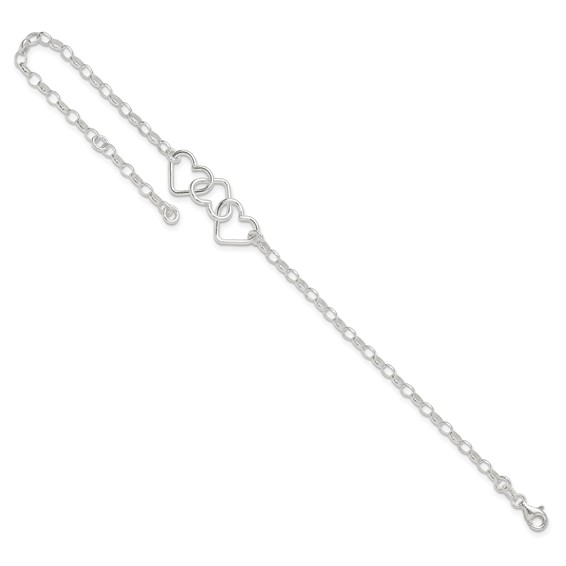 Sterling Silver Interlocking Hearts 8 inch Plus 1 inch Extender - Total 9 inch Anklet