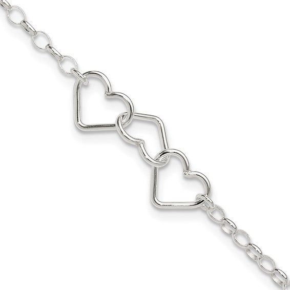 Sterling Silver Interlocking Hearts 8 inch Plus 1 inch Extender - Total 9 inch Anklet