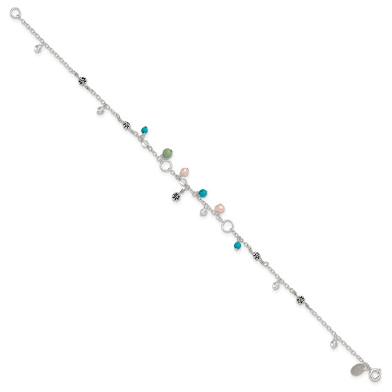 Sterling Silver Turquoise/Clear Bead/FW Cultured Pearl Anklet
