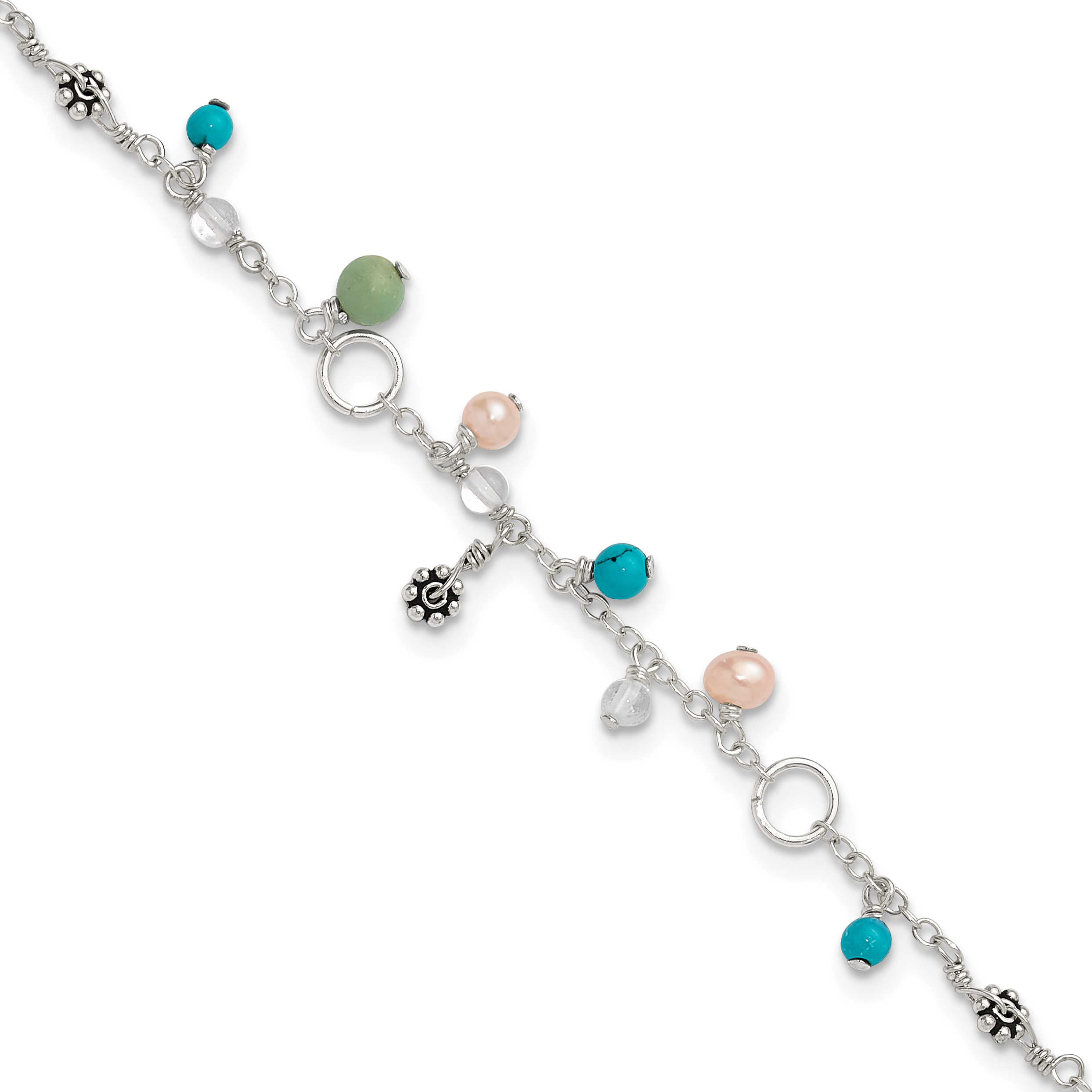 Sterling Silver Turquoise/Clear Bead/FW Cultured Pearl Anklet (QG1392-9)