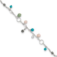 Sterling Silver Turquoise Clear Bead FW Cultured Pearl Anklet view 1