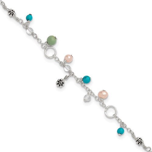 Sterling Silver Turquoise Clear Bead FW Cultured Pearl Anklet