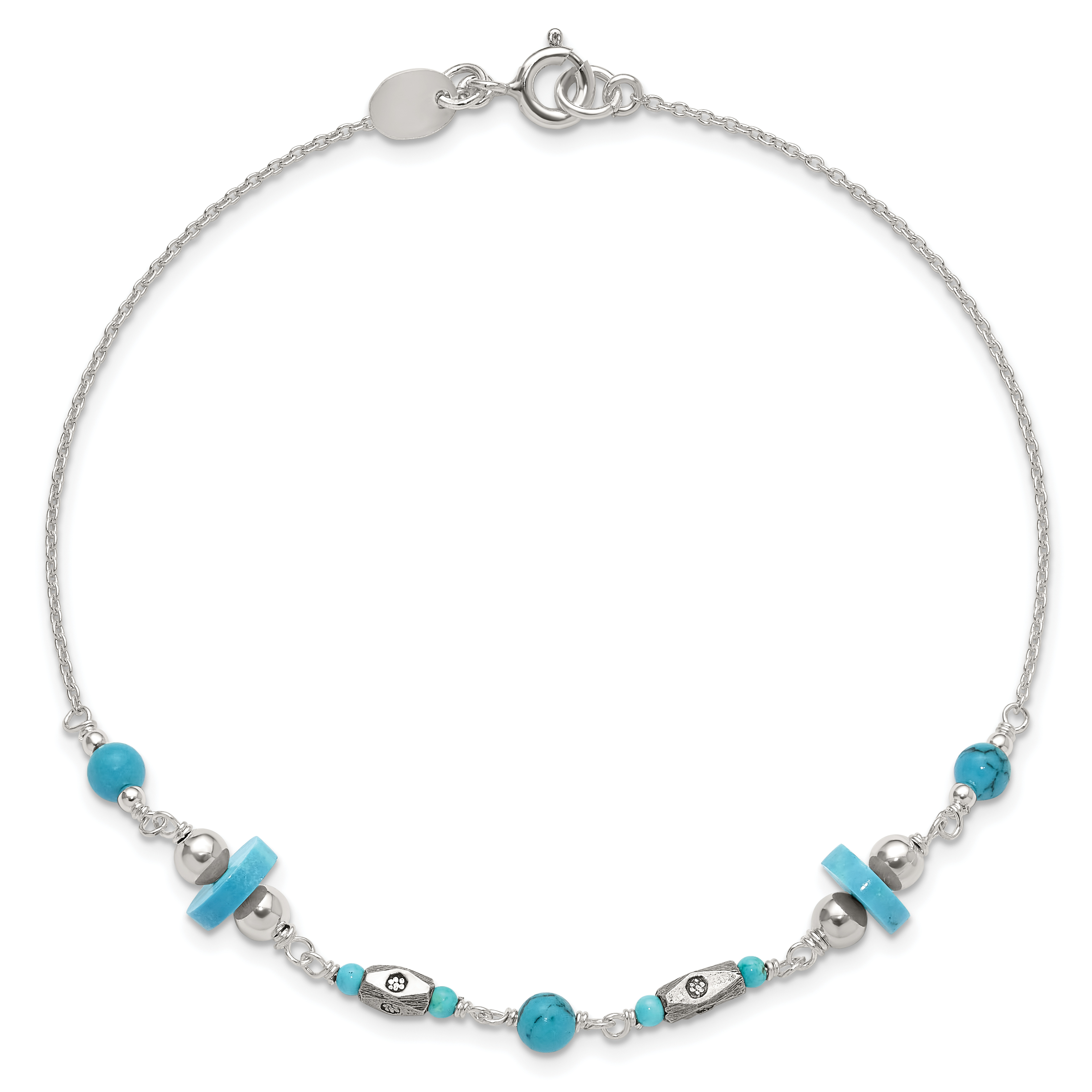 Silver Antiqued Turquoise Beaded Anklet QG1393 - Picture 6 of 8