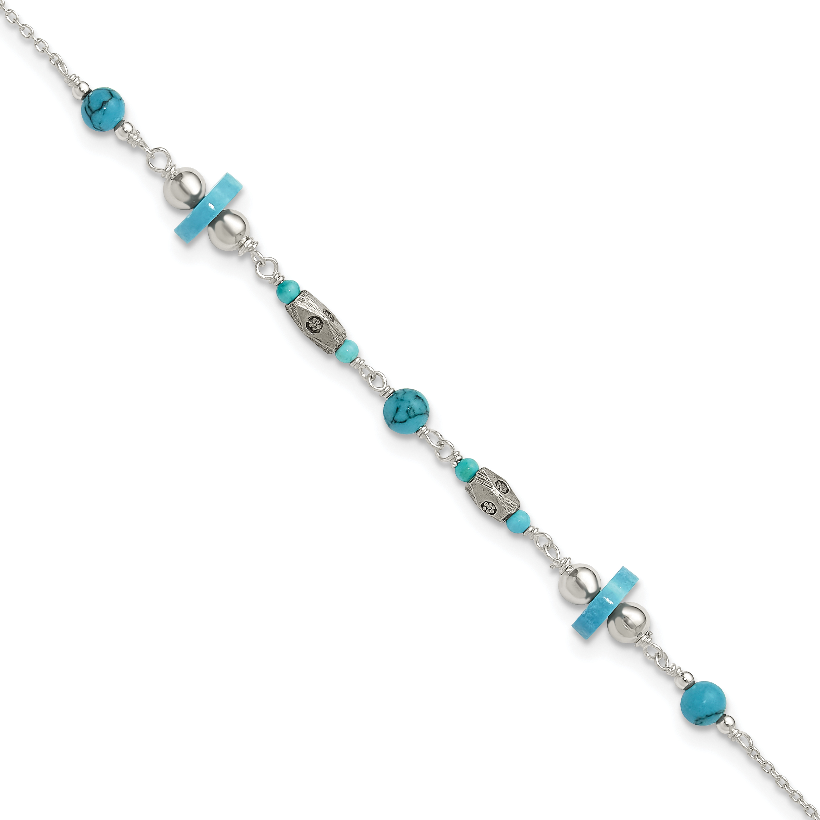 Sterling Silver Antiqued Turquoise Beaded Anklet (QG1393-10)