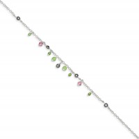 Sterling Silver Pink Crystal Green Quartz Peridot Beads Anklet, 9" view 2