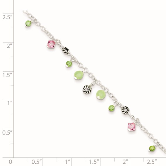 Sterling Silver 9in Pink Crystal Green Quartz Peridot Beads Anklet