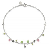 Sterling Silver Pink Crystal Green Quartz Peridot Beads Anklet, 9" view 5
