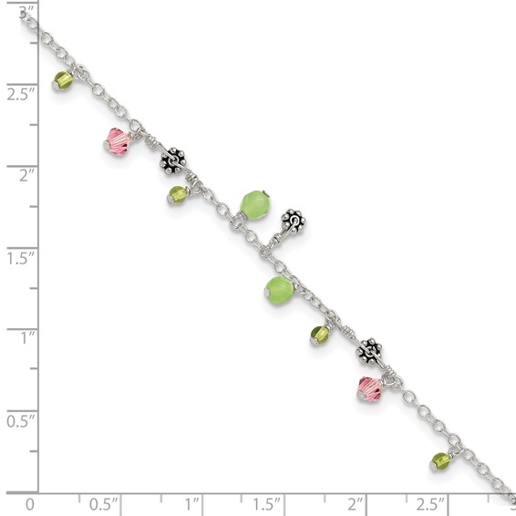 Sterling Silver 9in Pink Crystal Green Quartz Peridot Beads Anklet