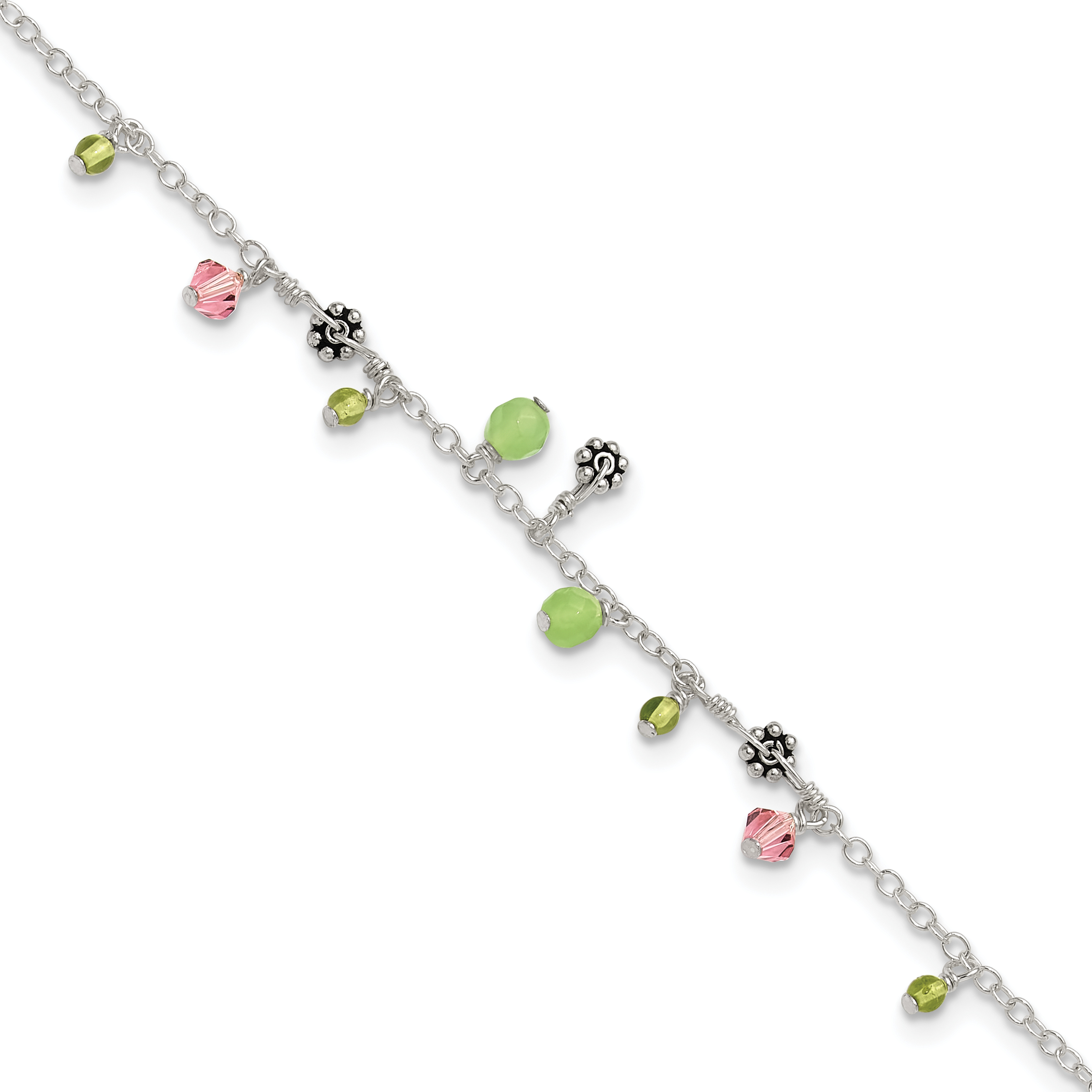 Sterling Silver 9in Pink Crystal Green Quartz Peridot Beads Anklet (QG1401-9)