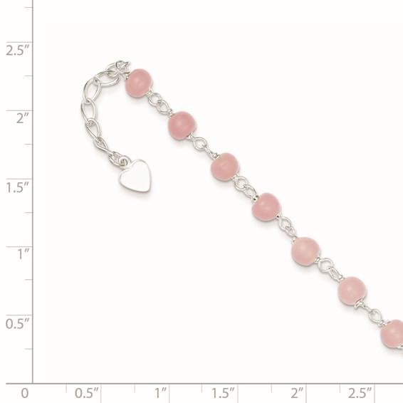 Sterling Silver Pink Glass Bead with Heart Dangle 8 inch Plus 1 inch Extender - Total 9 inch Anklet