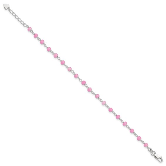 Sterling Silver Pink Glass Bead with Heart Dangle 8 inch Plus 1 inch Extender - Total 9 inch Anklet