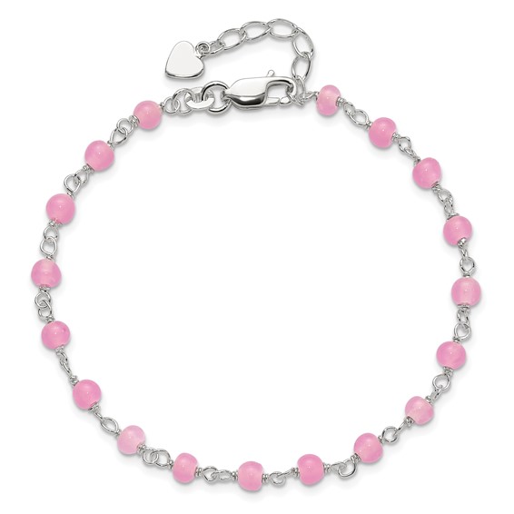 Sterling Silver Pink Glass Bead with Heart Dangle 8 inch Plus 1 inch Extender - Total 9 inch Anklet